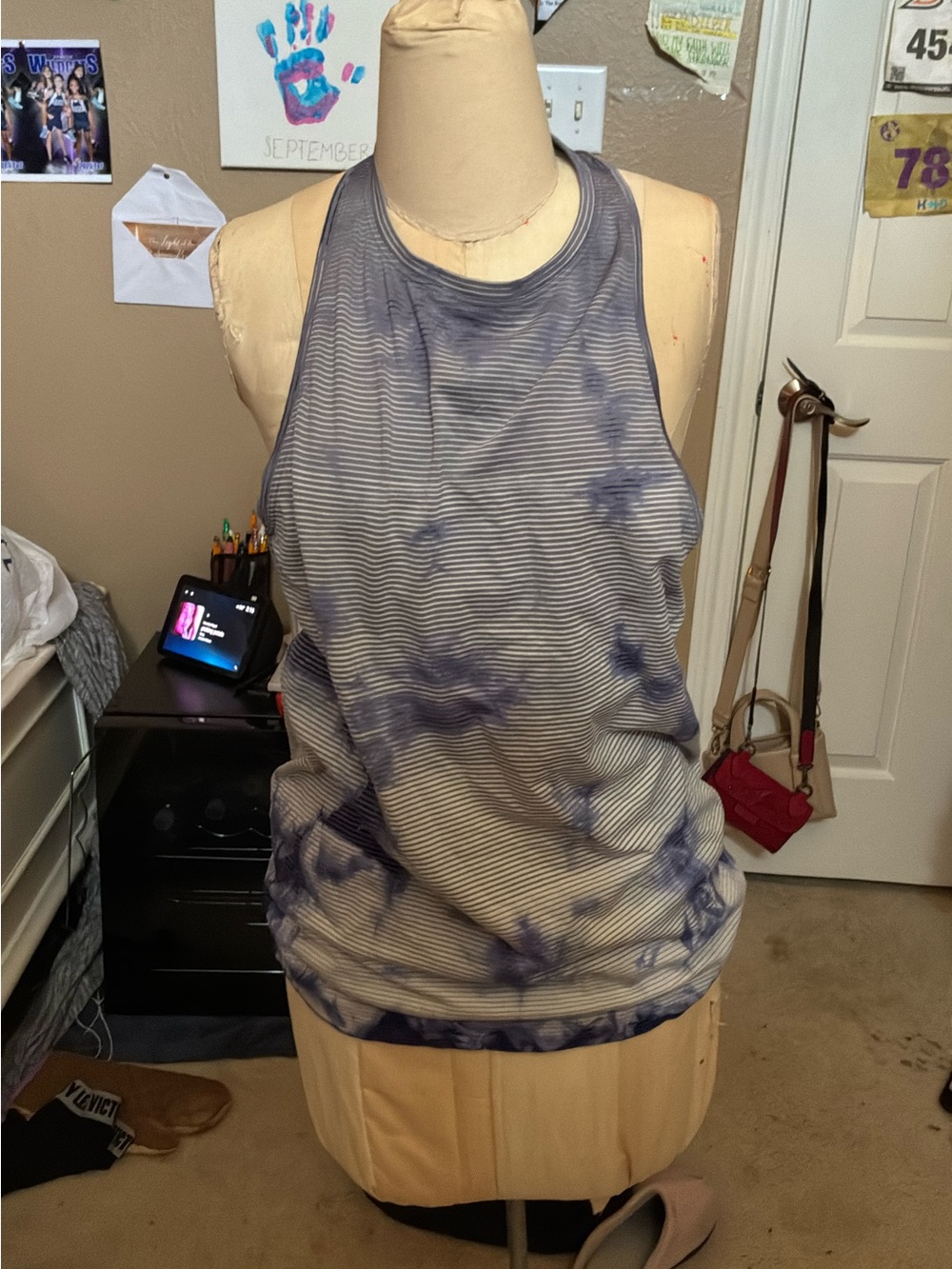lululemon athletica White and Navy Tie-Dye Stripe Racerback Tank